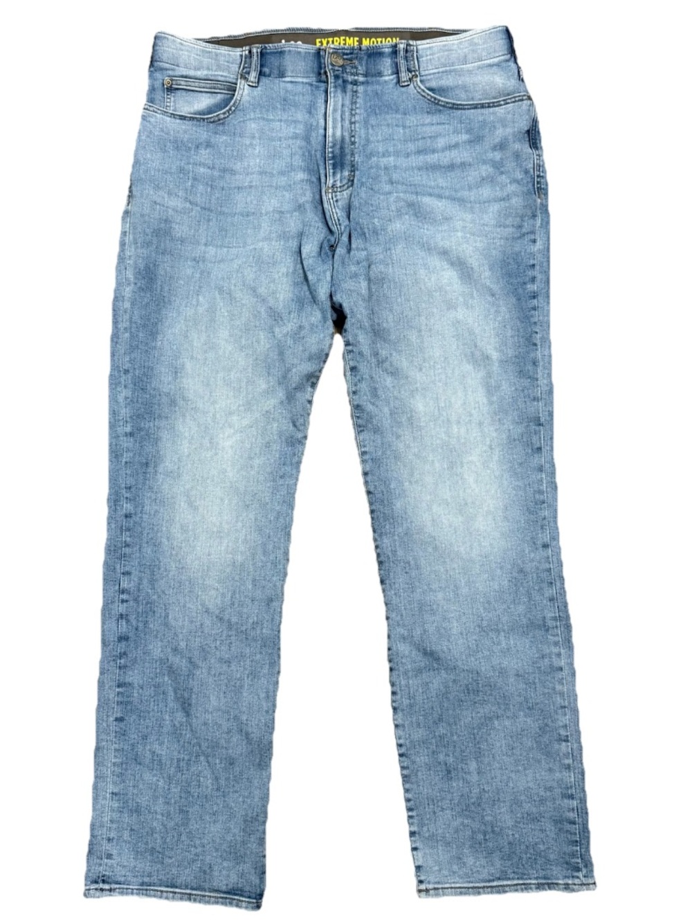 Lee Extreme Motion Straight Fit Tapered Leg Denim Jeans 38 X 34 Whiskered Blue